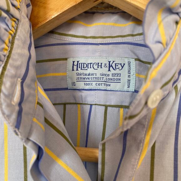 Vintage London Blue Striped Button-up Frilly Blouse Long Sleeve Hilditch & Key - Picture 7 of 9